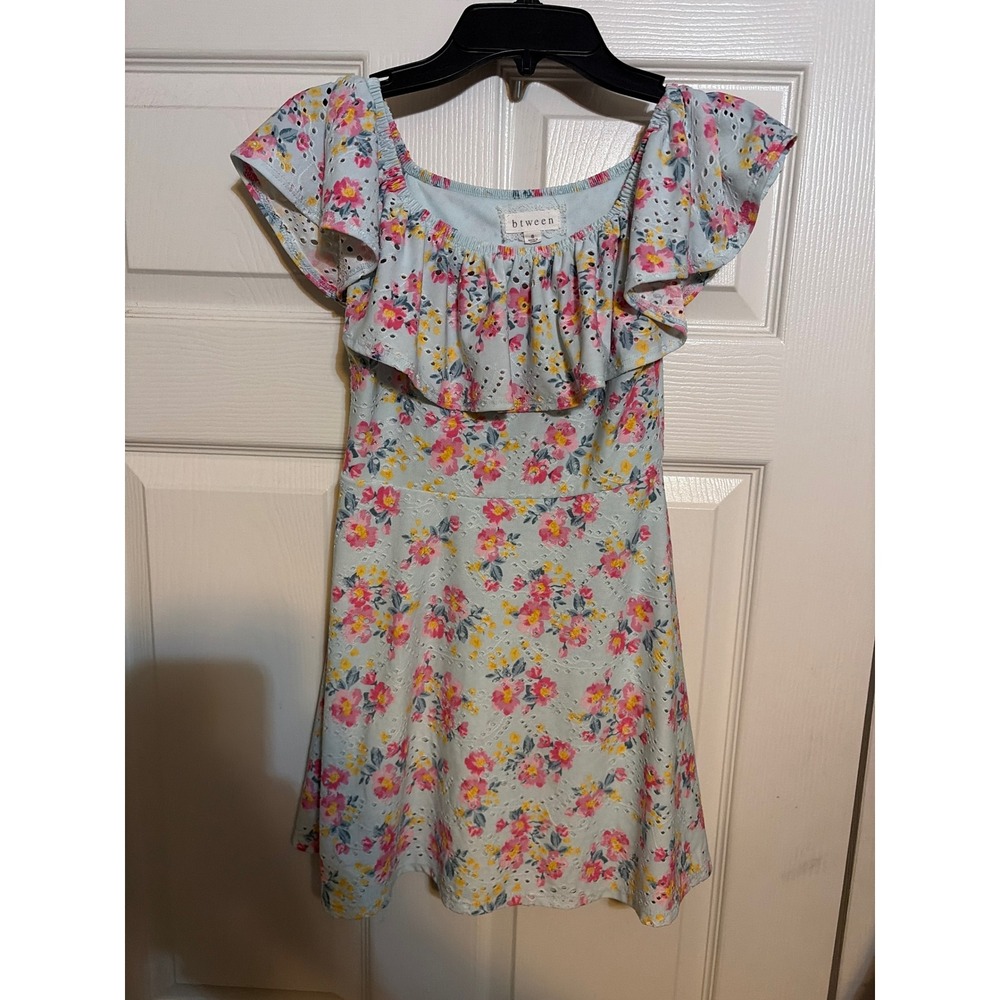 btween Girls Floral Eyelet Ruffle Flutter Sleeve Dress‎ Light Blue Pink Size 8